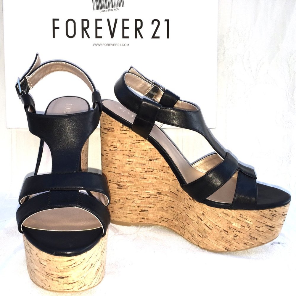 Forever 21 6 inch High Wedge Cork Platform Sandals Black Size 8 NWT
